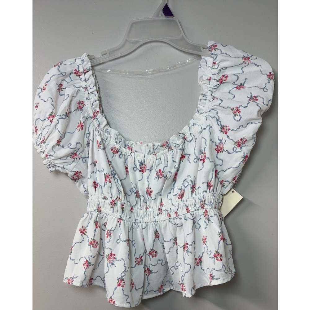 Pie in the Sky | Floral Ribbon Puff Sleeve Peplum Top | Size Large